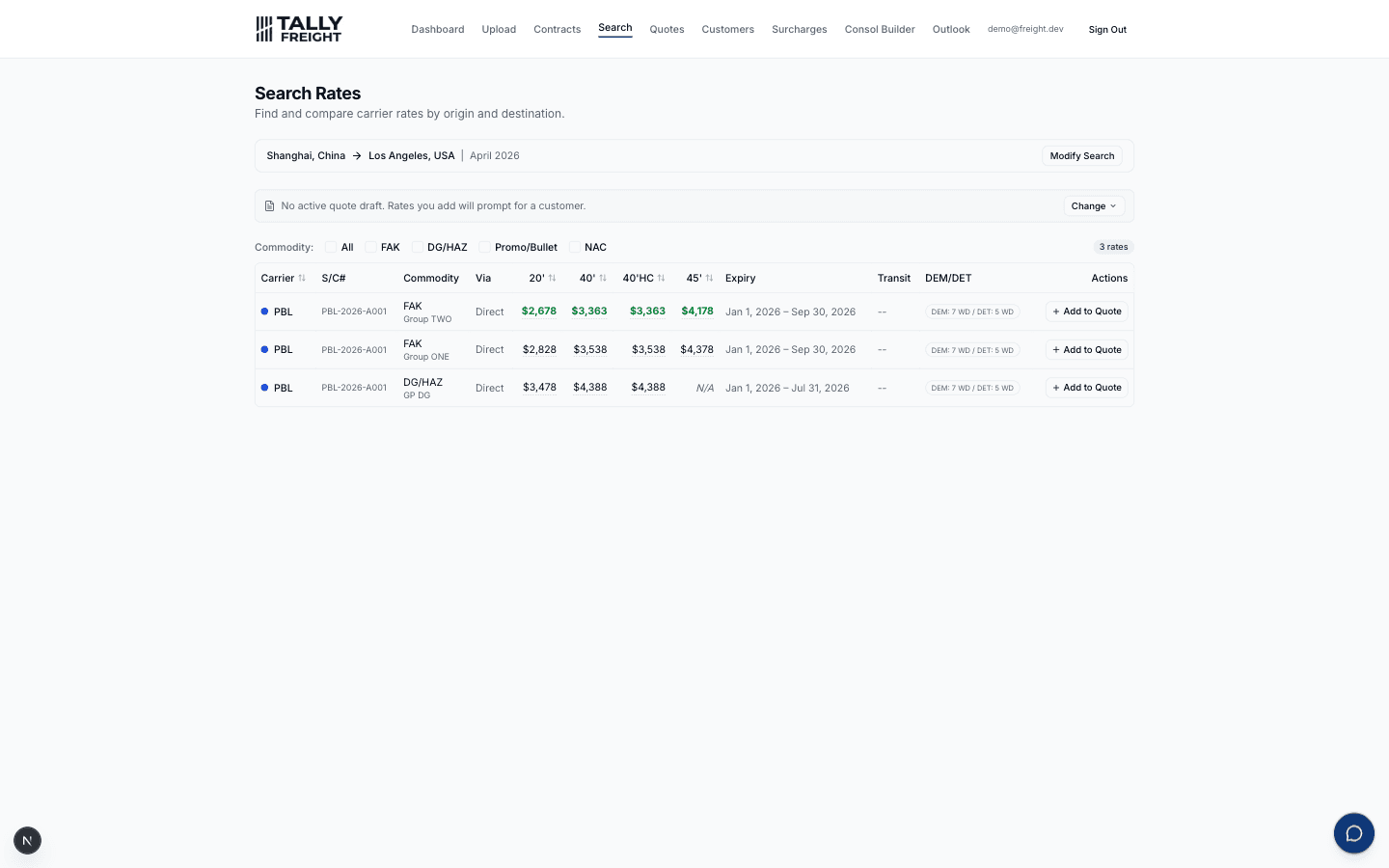 Rate search results table with OOCL rates across container sizes